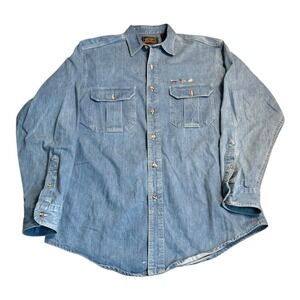 Vintage Eddie Bauer Denim Shirt Mens Medium Fly Fishing Embroidered USA Cotton‎